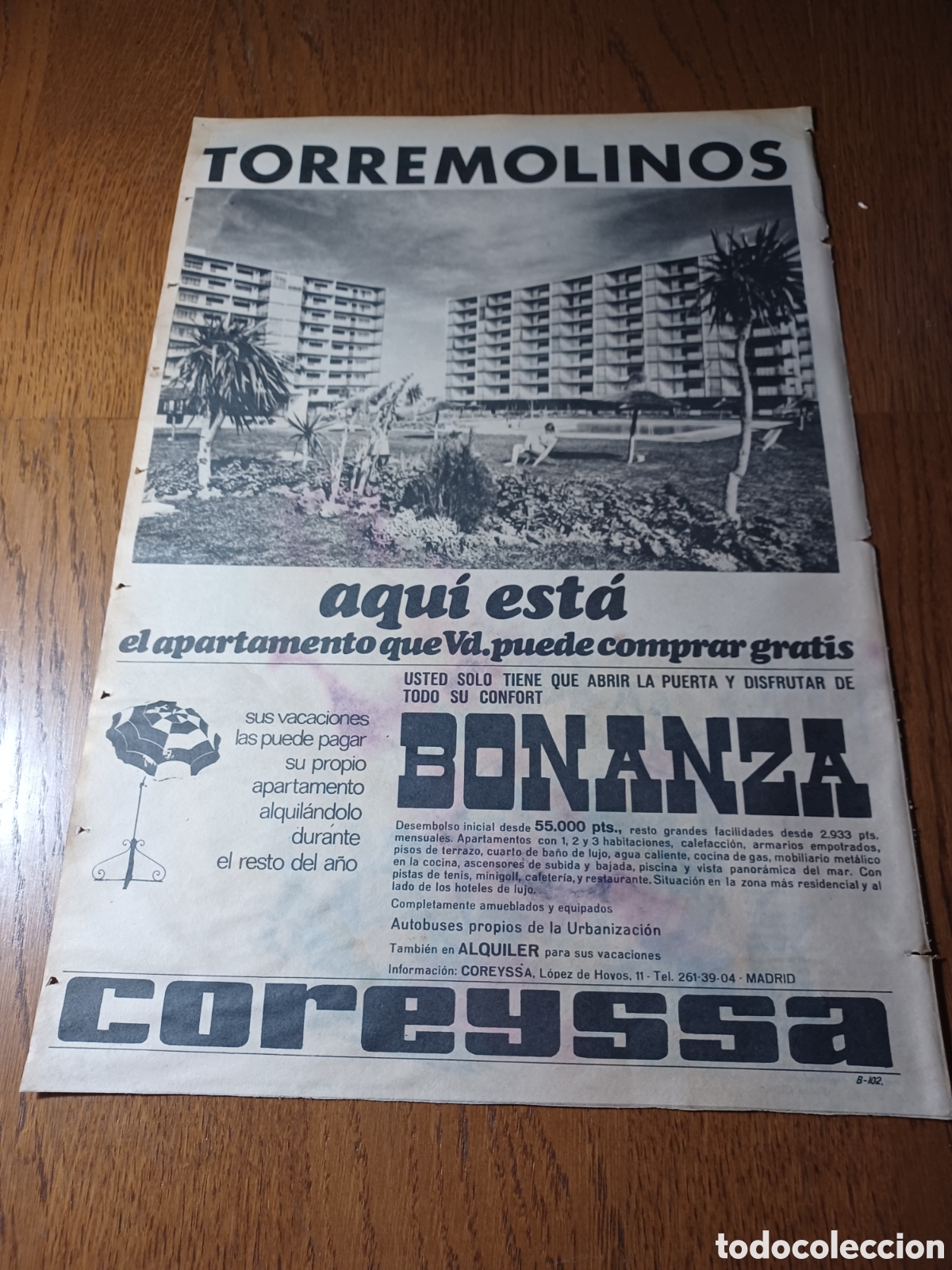 Outros artigos de papel: PUBLICIDAD BONANZA . COREYSSA .APARTAMENTOS EN TORREMOLINOS MALAGA. A&Ntilde;O 1966 MIDE 41 x 28 cm