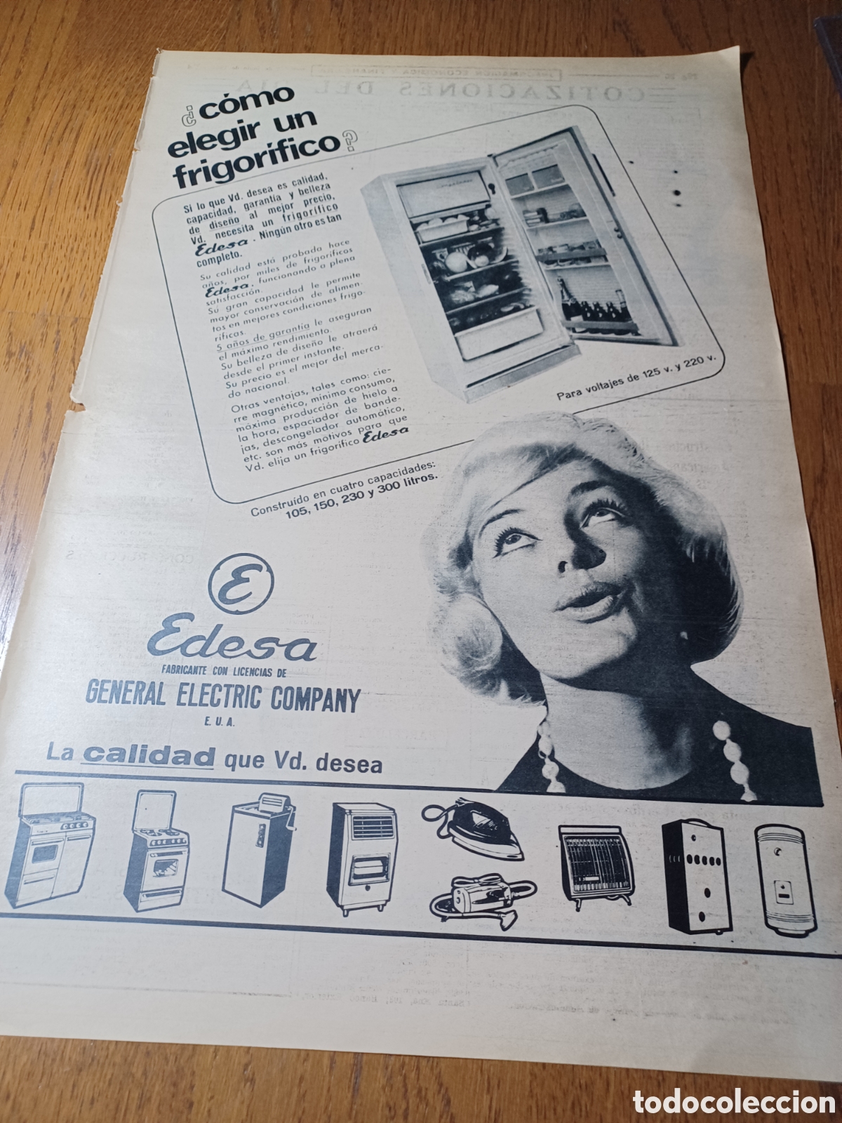 Outros artigos de papel: PUBLICIDAD FRIGOR&Iacute;FICO EDESA . A&Ntilde;O 1964 .42 X 28 CM