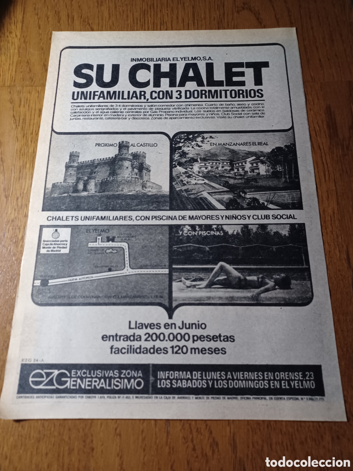 Outros artigos de papel: PUBLICIDAD INMOBILIARIA EL YELMO S.A CHALETS EN MANZANARES EL REAL .A&Ntilde;O 1975 31 x 22 cm