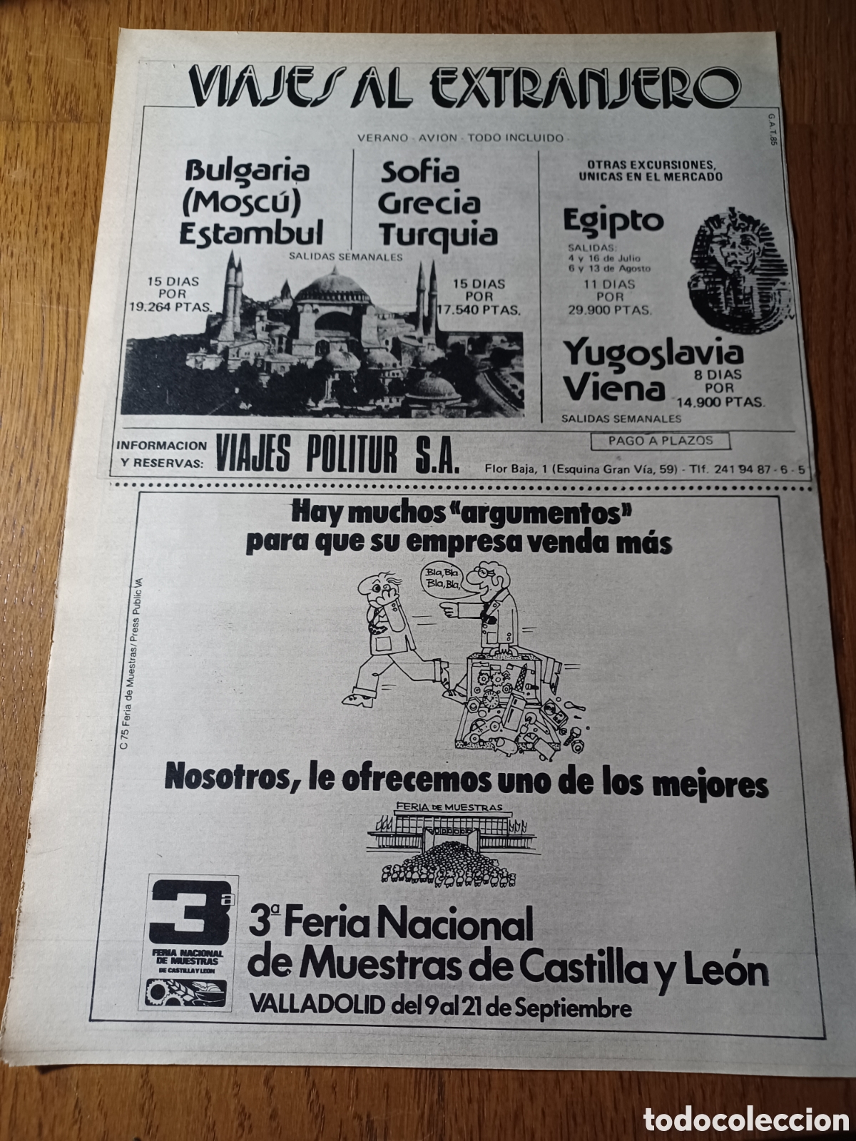 Outros artigos de papel: PUBLICIDAD DE VIAJES AL EXTRANJERO POLITUR S.A . A&Ntilde;O 1975 31 X 22 CM