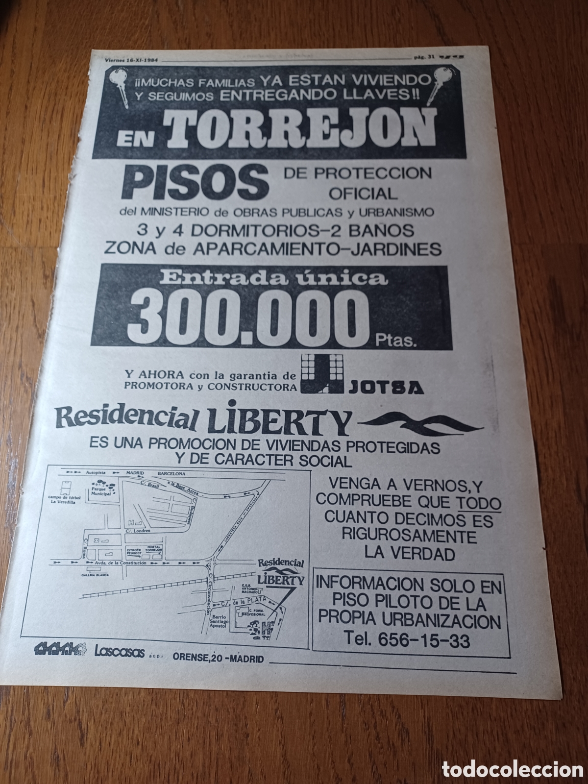 Outros artigos de papel: PUBLICIDAD PISOS EN TORREJON .RESIDENCIAL LIBERTY. A&Ntilde;O 1984. 41 X 27 CM