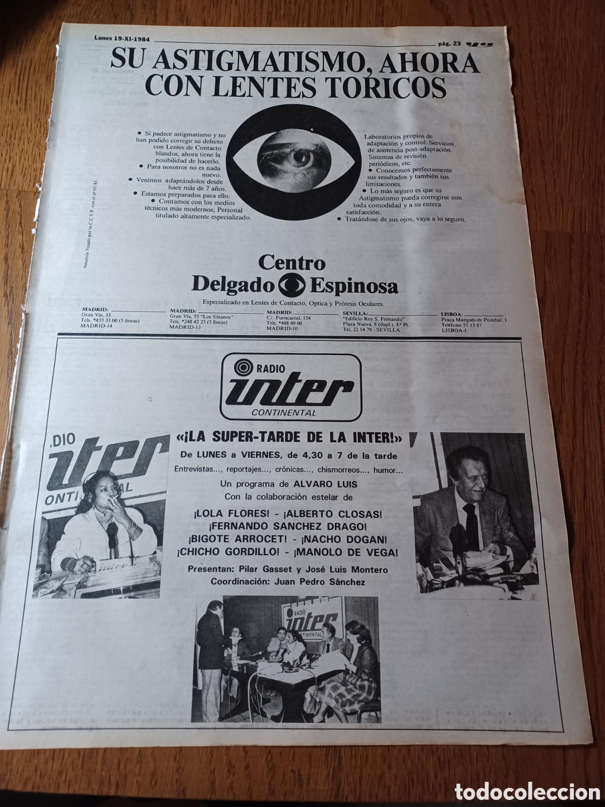 Paper Collecting Others: PUBLICIDAD RADIO INTER LOLA FLORES .ALBERTO CLOSAS y CENTRO DELGADO ESPINOSA .A&Ntilde;O 1984 42 X 29 CM