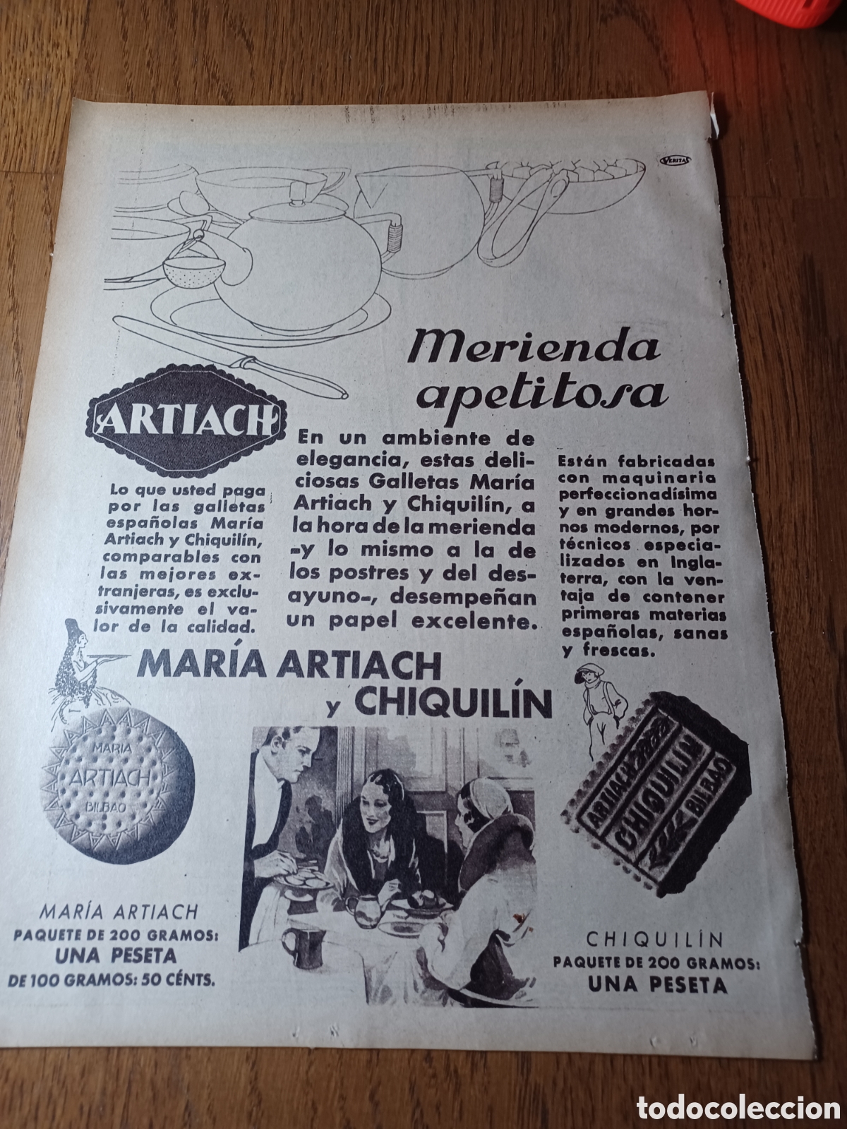 Outros artigos de papel: ANTIGUA PUBLICIDAD DE GALLETAS MARIA ARTIACH Y CHIQUILIN. A&Ntilde;O 1932 31 X 22 CM