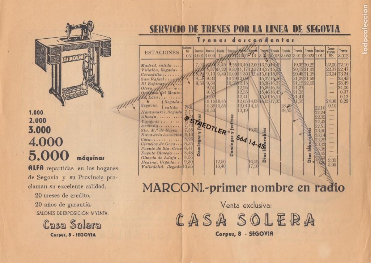 Otros Art&iacute;culos de Coleccionismo en Papel: SEGOVIA. HOJA PUBLICITARIA DE BICICLETAS Y M&Aacute;QUINA DE COSER ALFA. CASA SOLERA. HORARIO TRENES.