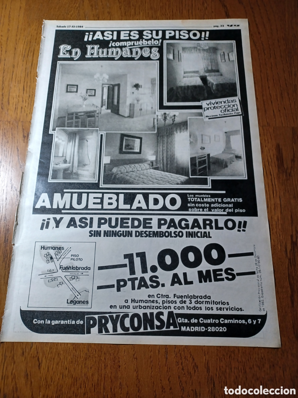 Outros artigos de papel: PUBLICIDAD PISO AMUEBLADO EN HUMANES. PRYCONSA . A&Ntilde;O 1984 . 41 X 28 CM