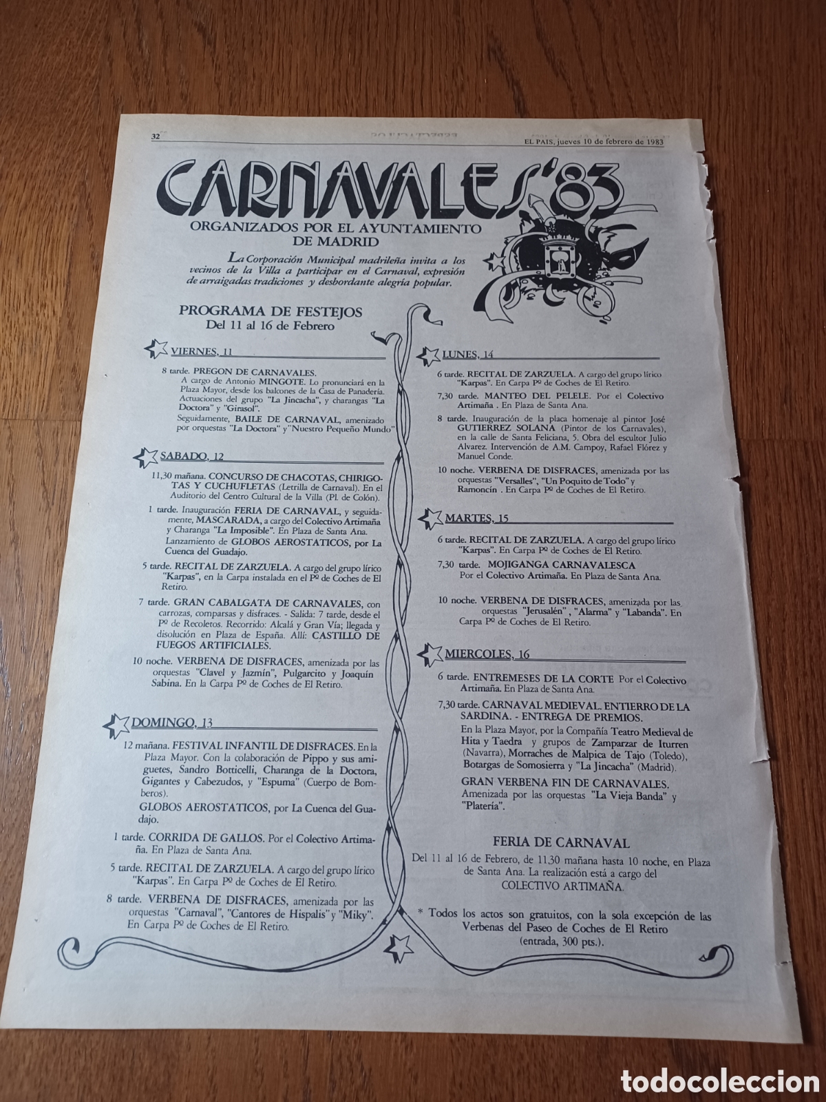 Sammelleidenschaft Andere Papierartikel: CARNAVALES 83 ORGANIZADOS POR EL AYUNTAMIENTO DE MADRID . HOJA PERI&Oacute;DICO.A&Ntilde;O 1983 40 X 28 CM