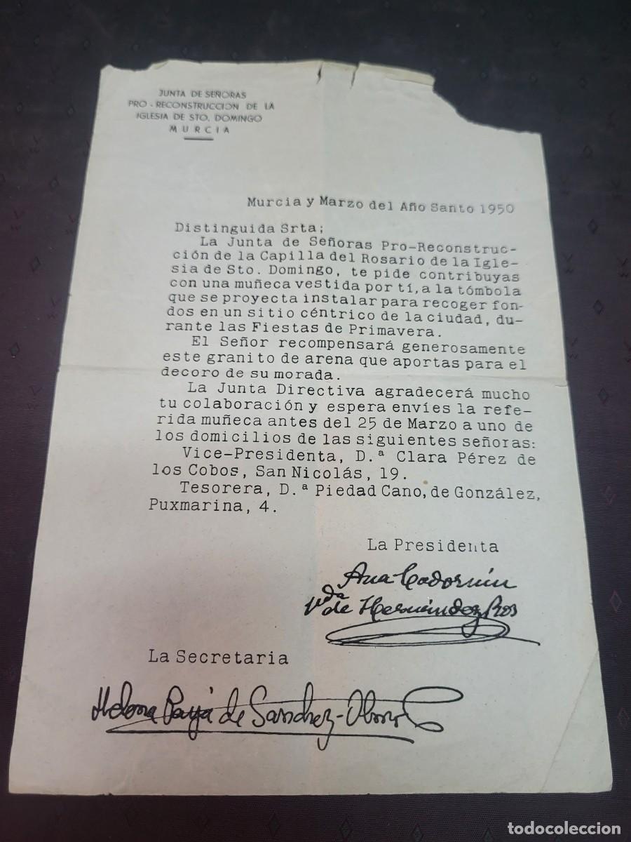 Paper Collecting Others: JUNTA DE SE&Ntilde;ORAS PRO RECINSTRUCCION IGLESIA SANTO DOMINGO MURCIA 1950