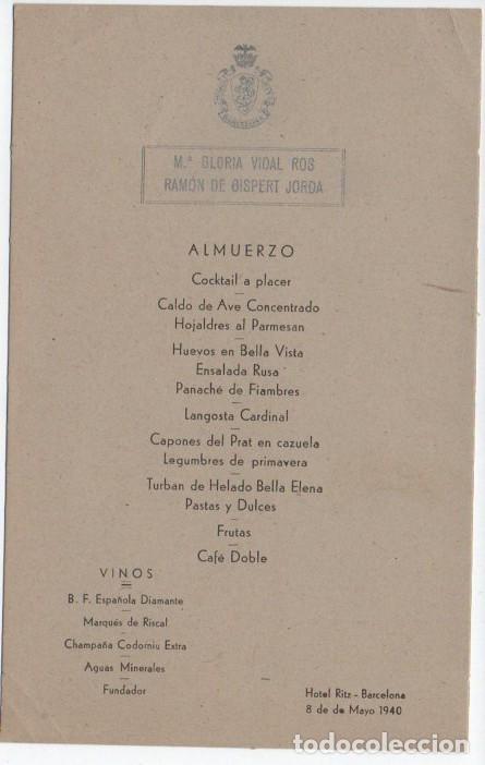 Otros art&iacute;culos de coleccionismo en papel: MEN&Uacute; DEL HOTEL RITZ DE BARCELONA, MAYO 1940. ESCUDO Y NOMBRES PLATEADOS. 11 X 17 CM.