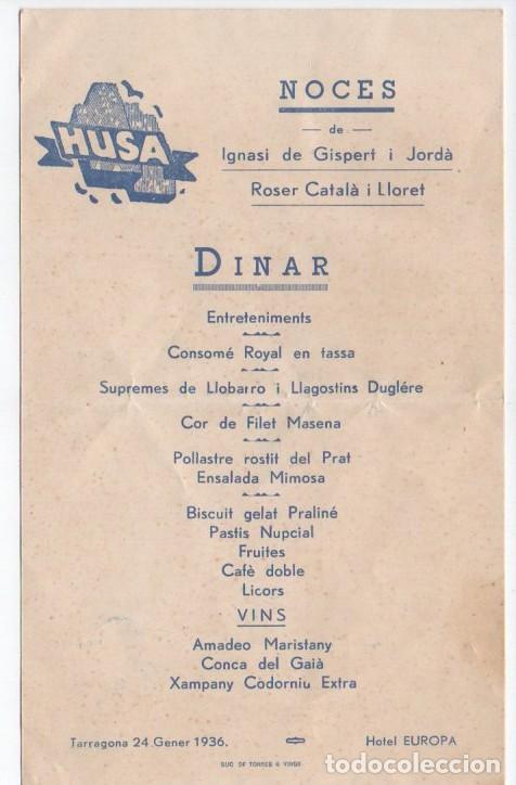 Otros art&iacute;culos de coleccionismo en papel: MEN&Uacute; DEL HOTEL EUROPA - HUSA. ENERO 1936. NOCES - DINAR.
