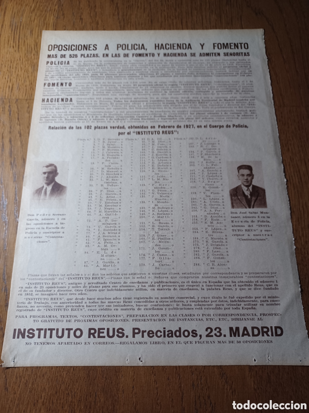 Outros artigos de papel: ANTIGUA PUBLICIDAD DEL INSTITUTO REUS. PRECIADOS 23 MADRID OPOSICIONES A POLICIA.A&Ntilde;O 1922 31 X 23 CM