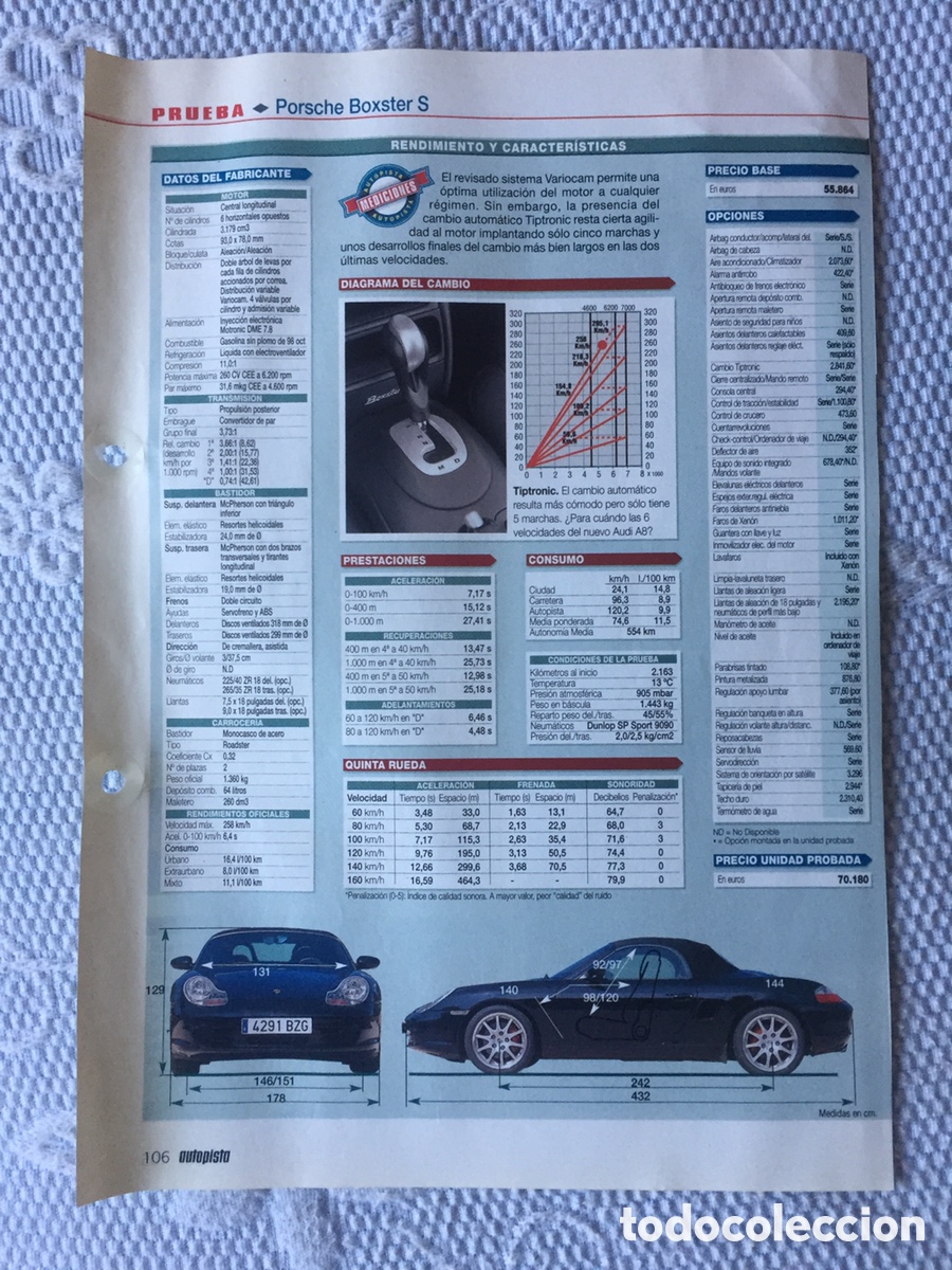 Otros Art&iacute;culos de Coleccionismo en Papel: Ficha t&eacute;cnica - PORSCHE BOXSTER S