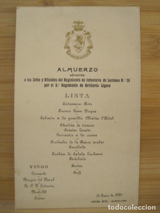 Otros Art&iacute;culos de Coleccionismo en Papel: BARCELONA-HOTEL RITZ-ALMUERZO REGIMIENTO DE INFANTERIA DE LUCHANA-A&Ntilde;O 1924-VER FOTOS-(K-8218)