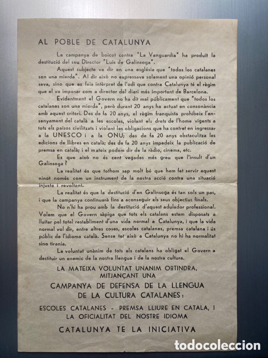 Otros Art&iacute;culos de Coleccionismo en Papel: Al poble de Catalunya. Boicot peri&oacute;dico Vanguardia