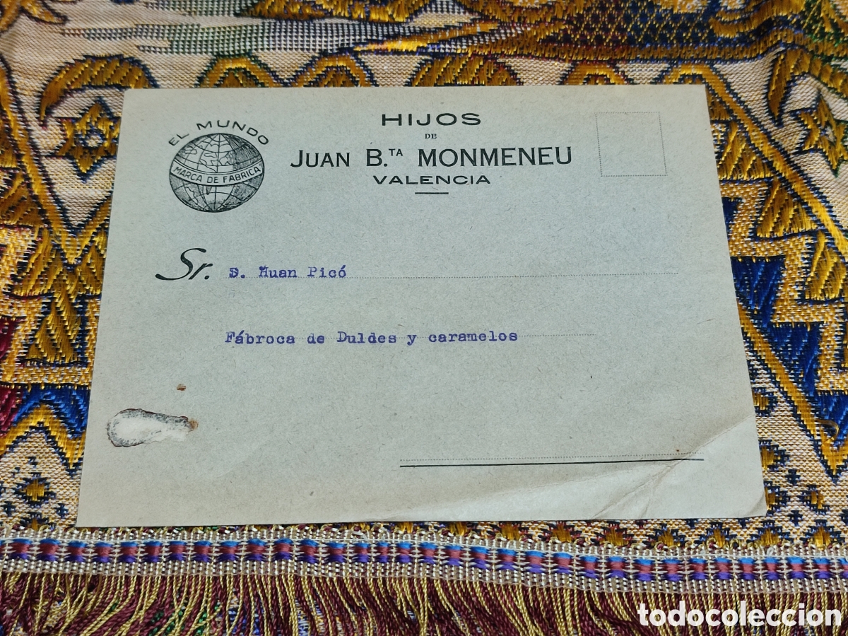 Collectionnisme Papier divers: Sobre carta Hijos de Monmeneu Jaleas Cholates Valencia El Mundo F&aacute;brica