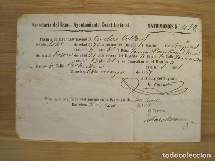 Sammelleidenschaft Andere Papierartikel: BARCELONA-SECRETARIA DEL AYUNTAMIENTO CONSTITUCIONAL-MATRIMONIOS-A&Ntilde;O 1857-VER FOTOS-(K-8378)