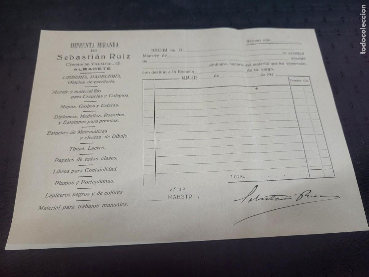 Outros artigos de papel: RECIBO IMPRENTA MIRANDA SEBASTIAN RUIZ ALBACETE A&Ntilde;OS 20