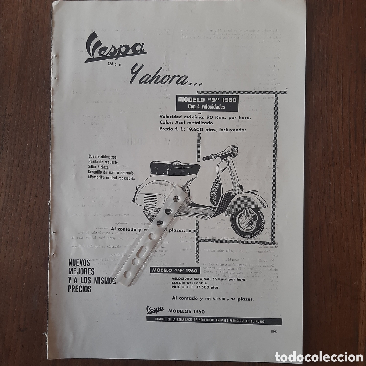 Otros Art&iacute;culos de Coleccionismo en Papel: Publicidad moto vespa de 1960
