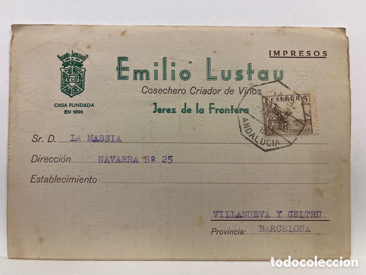 Otros Art&iacute;culos de Coleccionismo en Papel: EMILIO LUSTAU. JEREZ DE LA FRONTERA. CON SELLO FRANQUEADO. QUINIELA LUSTAU. 1953.