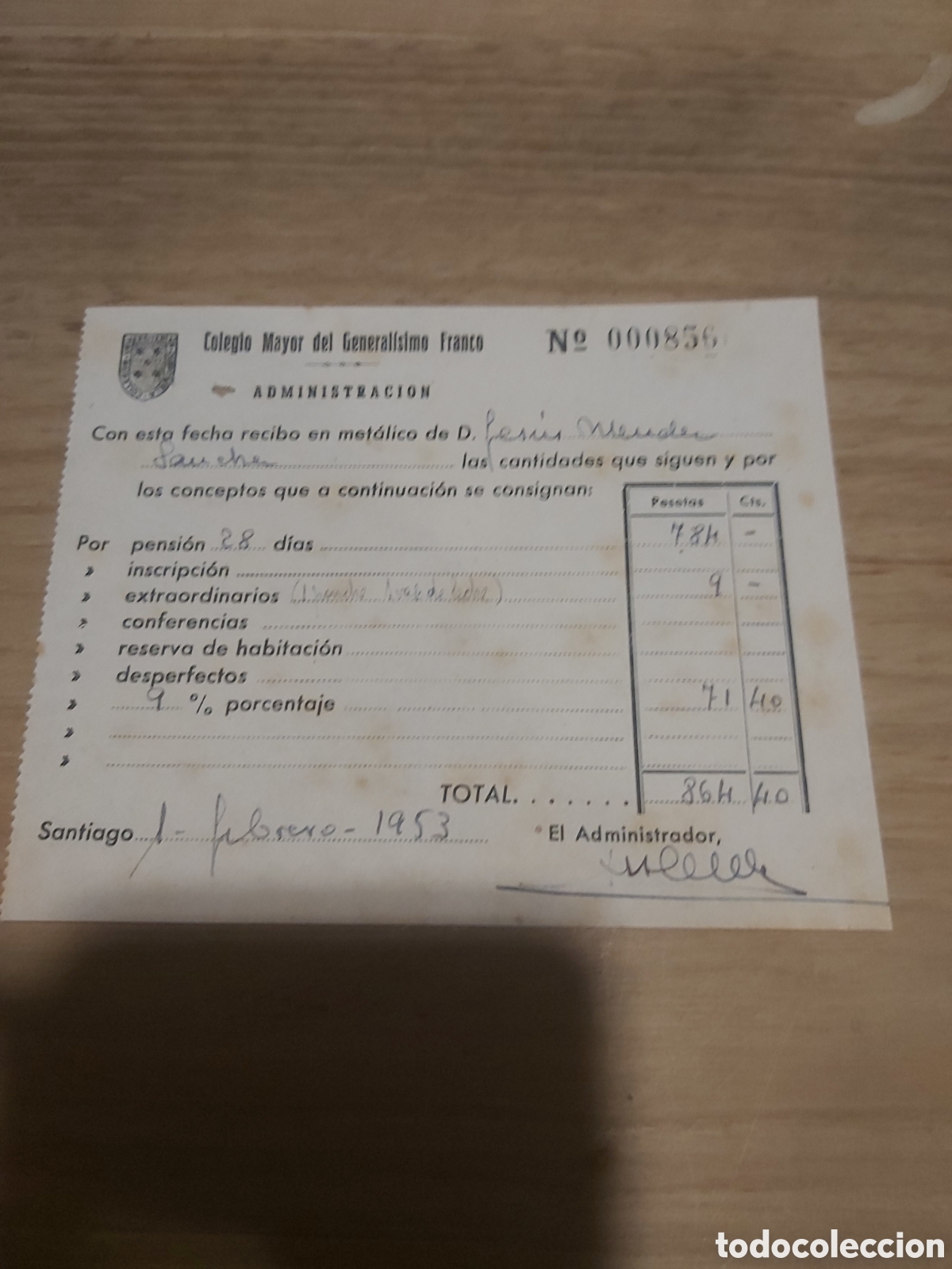 Collectionnisme Papier divers: Recibo factura colegio mayor general&iacute;simo Franco Santiago de Compostela 1953