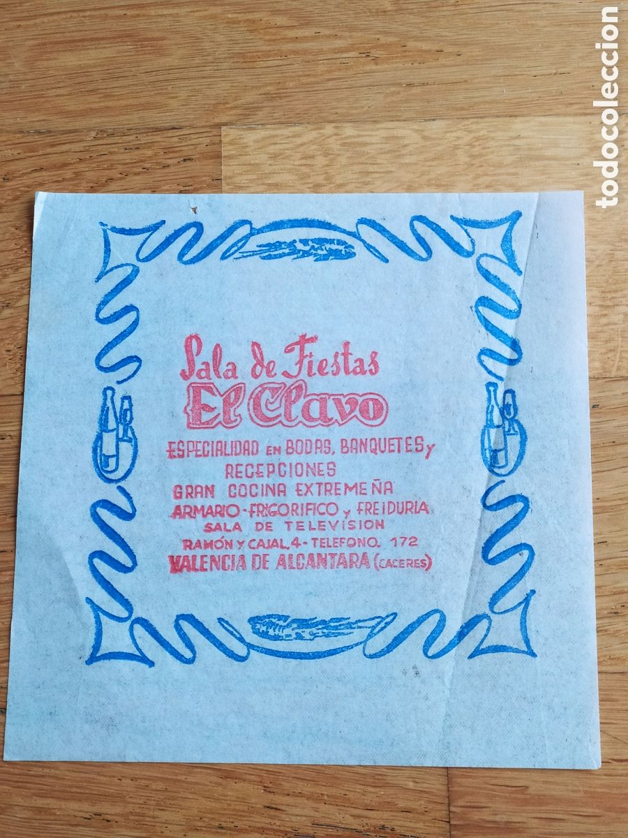 Otros Art&iacute;culos de Coleccionismo en Papel: SERVILLETA DE PAPEL - SALA DE FIESTAS EL CLAVO - VALENCIA DE ALC&Aacute;NTARA (C&Aacute;CERES) - TEL&Eacute;FONO 172