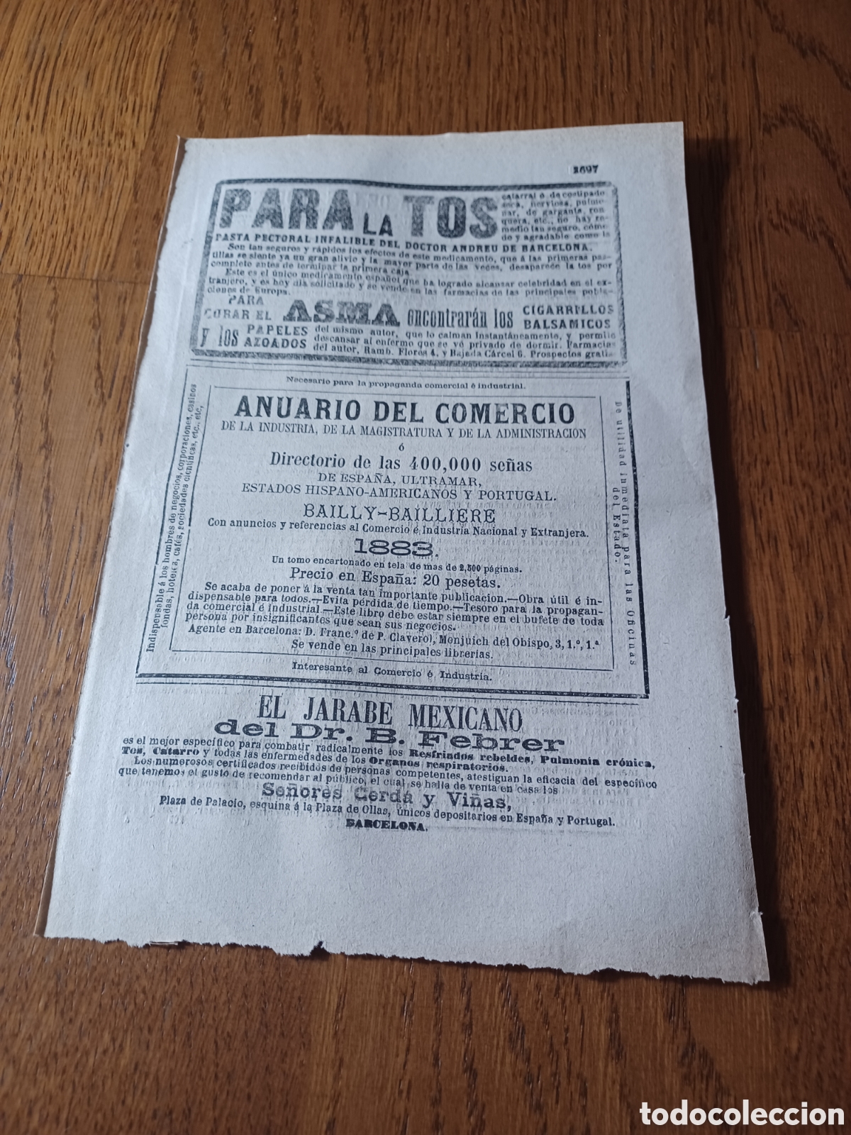 Sammelleidenschaft Andere Papierartikel: PUBLICIDAD A&Ntilde;O 1879. PARA LA TOS DOCTOR ANDREU JARABE MEXICANO DR B FEBRER. ANUARIO DEL COMERCIO