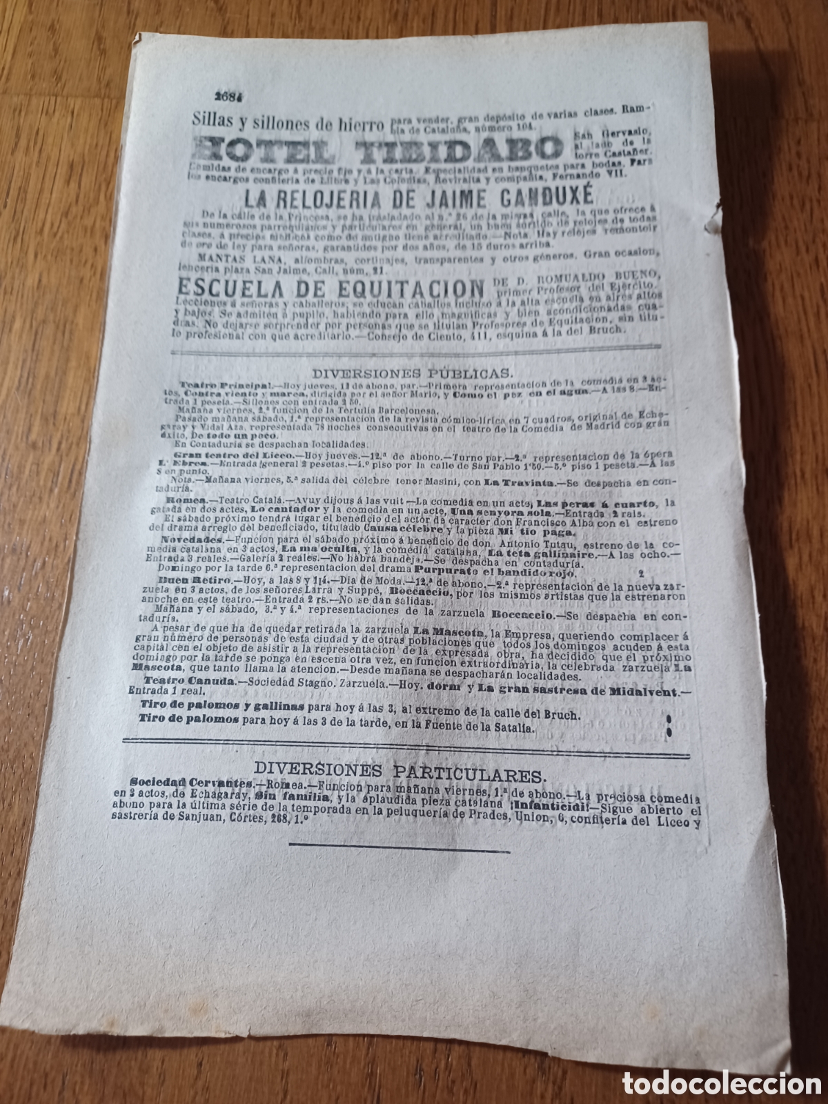 Outros artigos de papel: A&Ntilde;O 1879 HOTEL TIBIDABO RELOJERIA JAIME GANDUXE . ESCUELA DE EQUITACI&Oacute;N. 24 X 17 CM
