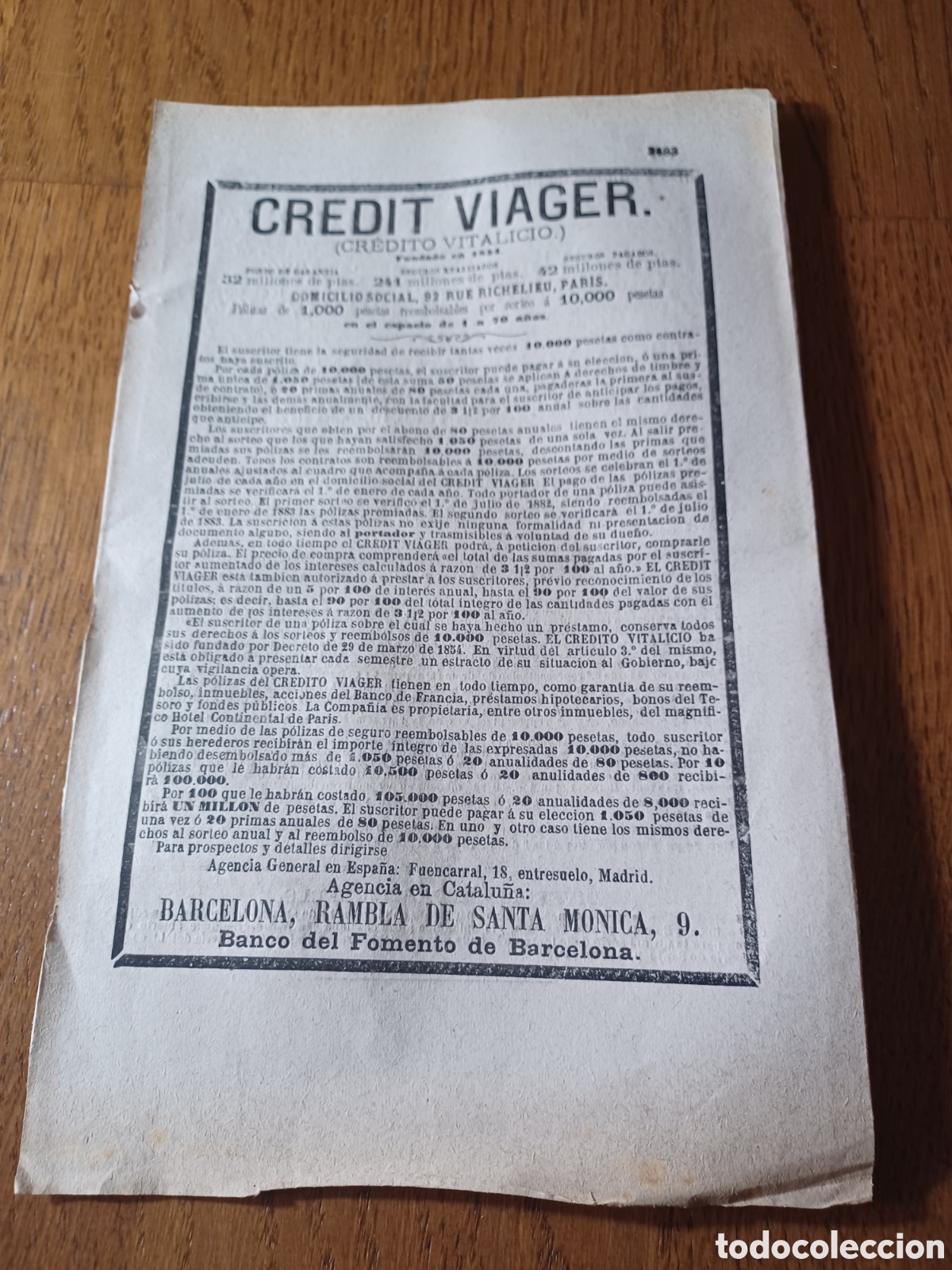 Sammelleidenschaft Andere Papierartikel: PUBLICIDAD A&Ntilde;O 1879 . CREDIT VIAGER . CR&Eacute;DITO VITALICIO. 24 X 17 CM