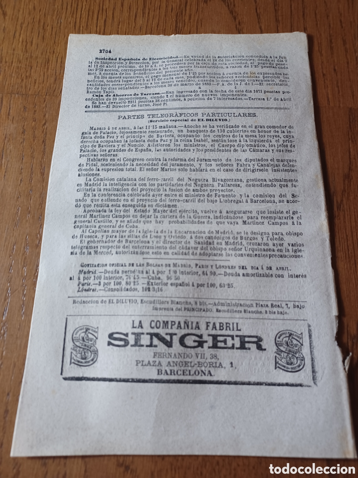 Otros Art&iacute;culos de Coleccionismo en Papel: PUBLICIDAD SINGER . LA COMPA&Ntilde;IA FABRIL . HOJA A&Ntilde;O 1879 .24 X 17 CM