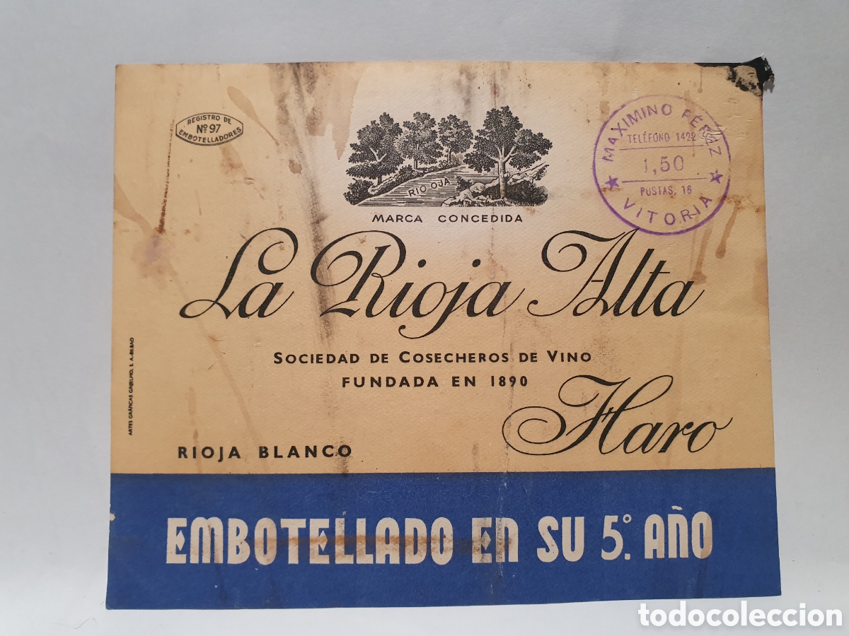 Otros art&iacute;culos de coleccionismo en papel: LA RIOJA ALTA. HARO. ANTIGUA ETIQUETA DE VINO. 5&deg;A&Ntilde;O. A&Ntilde;OS 50.