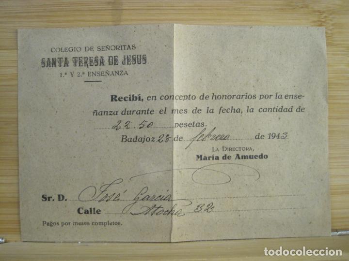 Otros Art&iacute;culos de Coleccionismo en Papel: BADAJOZ-COLEGIO DE SE&Ntilde;ORITAS SANTA TERESA DE JESUS-RECIBO A&Ntilde;O 1943-VER FOTOS-(100.011)