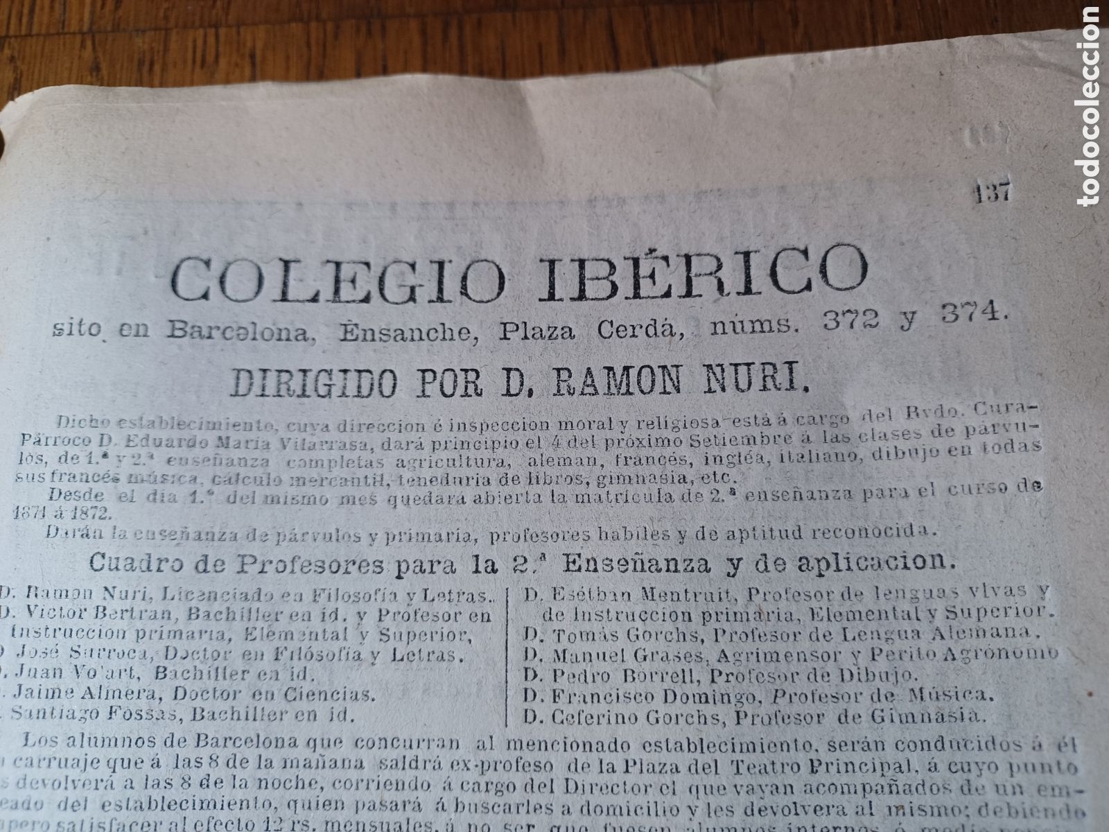 Paper Collecting Others: COLEGIO IBERICO DE BARCELONA . DIRIGIDO POR D. RAMON NURI . A&Ntilde;O 1871 15 X 10 CM