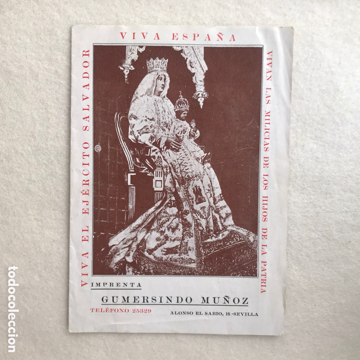 Otros art&iacute;culos de coleccionismo en papel: ANTIGUO RECUERDO VIRGEN DE LOS REYES / FALANGE / JONS / LEGI&Oacute;N