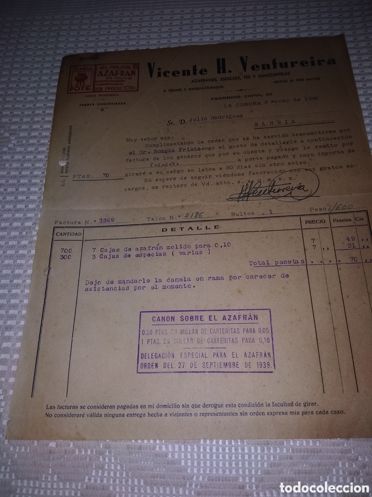 Otros Art&iacute;culos de Coleccionismo en Papel: FACTURA VICENTE H . VENTUREIRA . AZAFR&Aacute;N POTE . LA CORU&Ntilde;A 1940