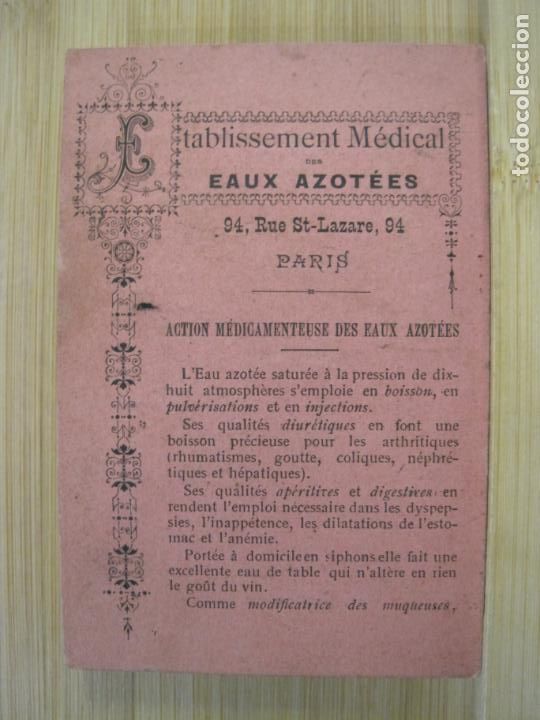 Otros art&iacute;culos de coleccionismo en papel: AGUAS AZOADAS-PARIS-ETABLISSEMENT MEDICAL DES EAUX AZOTEES-PUBLICIDAD ANTIGUA-VER FOTOS-(100.643)