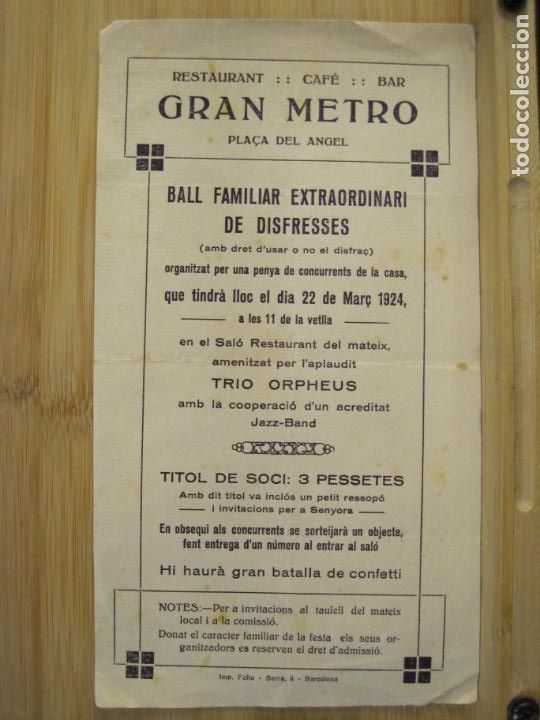 Paper Collecting Others: BARCELONA-RESTAURANT CAFE BAR GRAN METRO-BALL DE DISFRESSES-PROGRAMA ANY 1924-VER FOTOS-(K-8956)