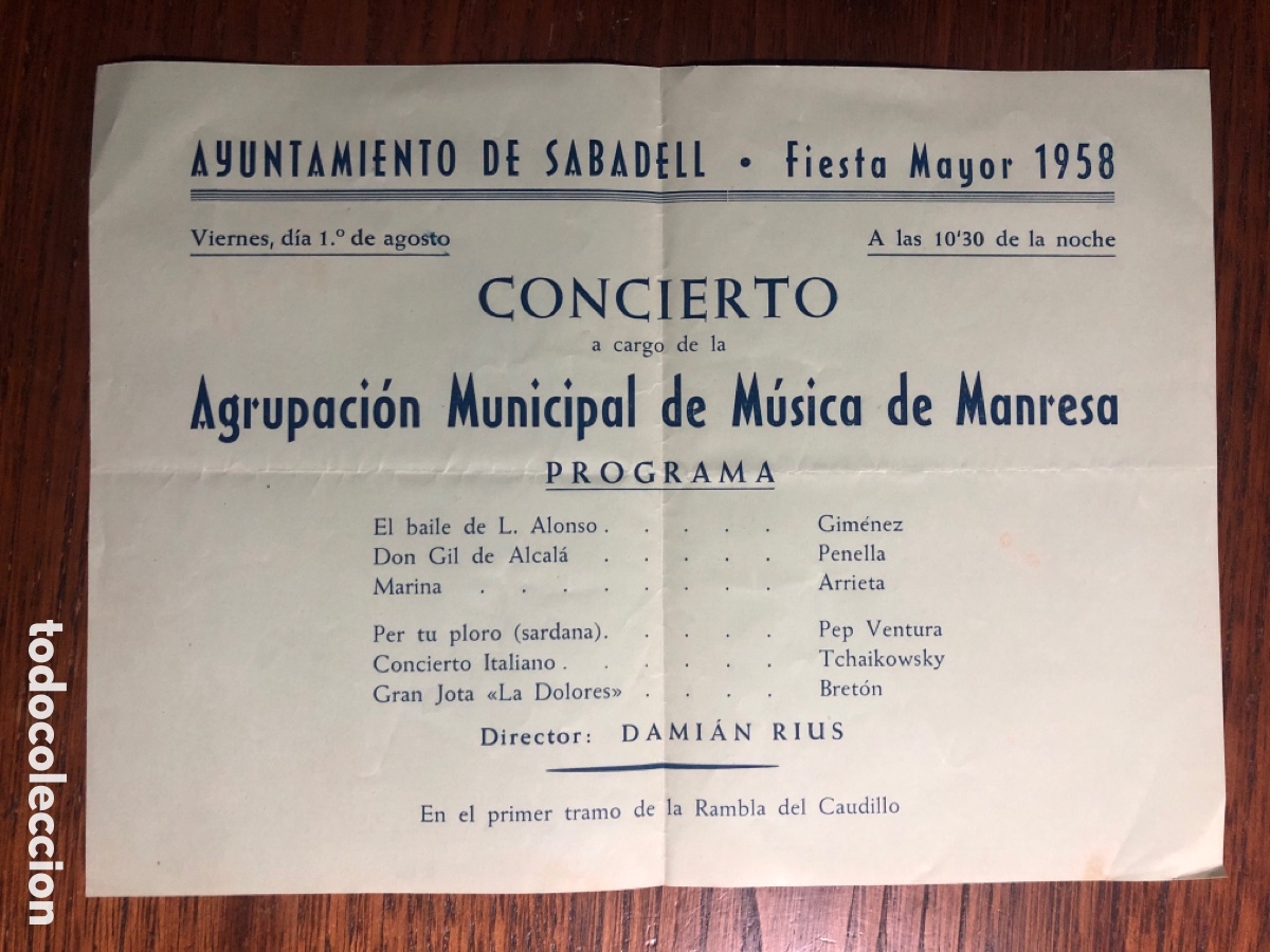 Otros art&iacute;culos de coleccionismo en papel: HOJA PROGRAMA SABADELL 1958 FIESTA MAYOR CONCIERTO AGRUPACI&Oacute;N MUNICIPAL M&Uacute;SICA MANRESA ( DAMI&Aacute;N RIUS