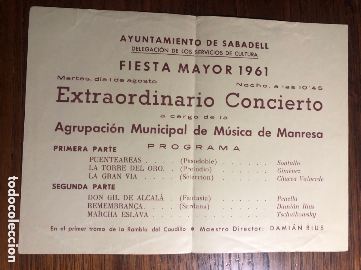 Otros art&iacute;culos de coleccionismo en papel: HOJA PROGRAMA SABADELL FIESTA MAYOR 1961 CONCIERTO AGRUPACI&Oacute;N MUNICIPAL M&Uacute;SICA MANRESA , DAMI&Aacute;N RIUS