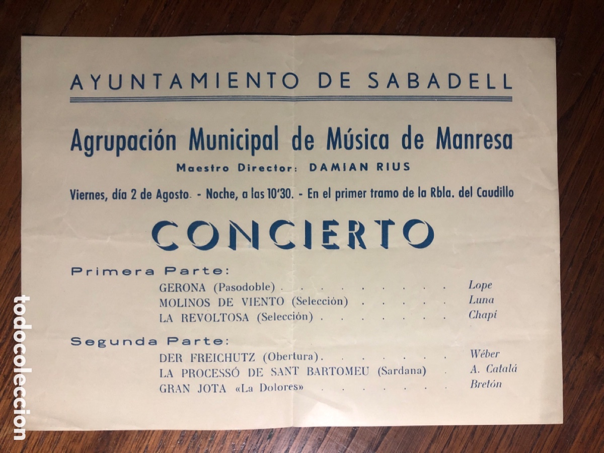 Otros art&iacute;culos de coleccionismo en papel: HOJA PROGRAMA SABADELL CONCIERTO AGRUPACI&Oacute;N MUNICIPAL M&Uacute;SICA MANRESA, DAMI&Aacute;N RIUS (SIN FECHA 1960&rsquo;s?
