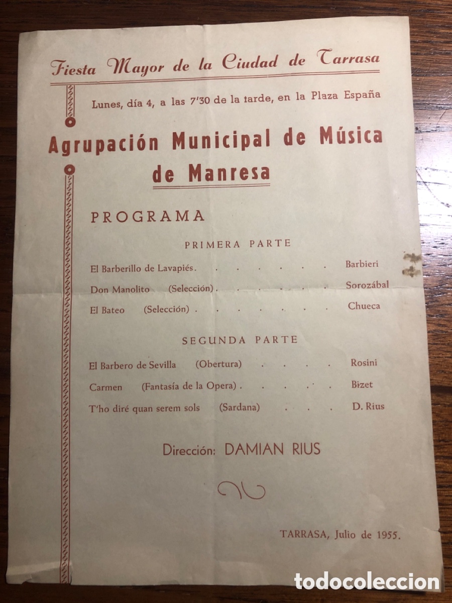 Otros art&iacute;culos de coleccionismo en papel: HOJA PROGRAMA FIESTA MAYOR TARRASA AGRUPACI&Oacute;N MUNICIPAL M&Uacute;SICA MANRESA (1955)