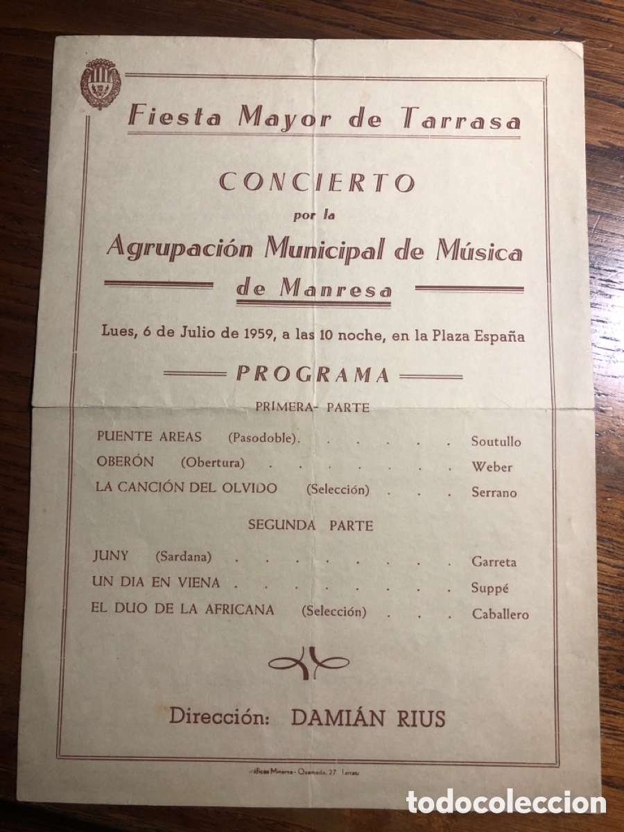 Otros art&iacute;culos de coleccionismo en papel: HOJA PROGRAMA FIESTA MAYOR TARRASA CONCIERTO AGRUPACI&Oacute;N MUNICIPAL M&Uacute;SICA MANRESA 1959 ( DAMI&Aacute;N RIUS