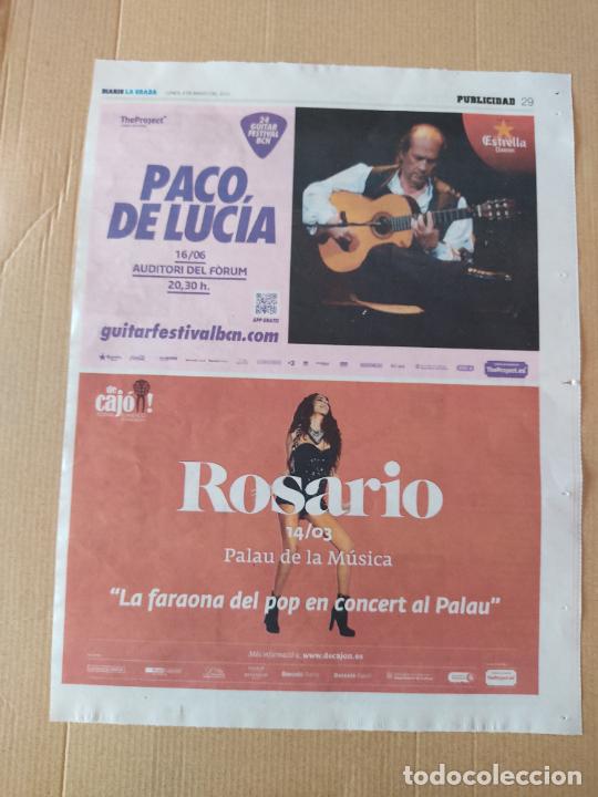 Otros art&iacute;culos de coleccionismo en papel: HOJA PUBLICIDAD 1 PAG PACO DE LUCIA ROSARIO CONCIERTOS MUSICA BARCELONA