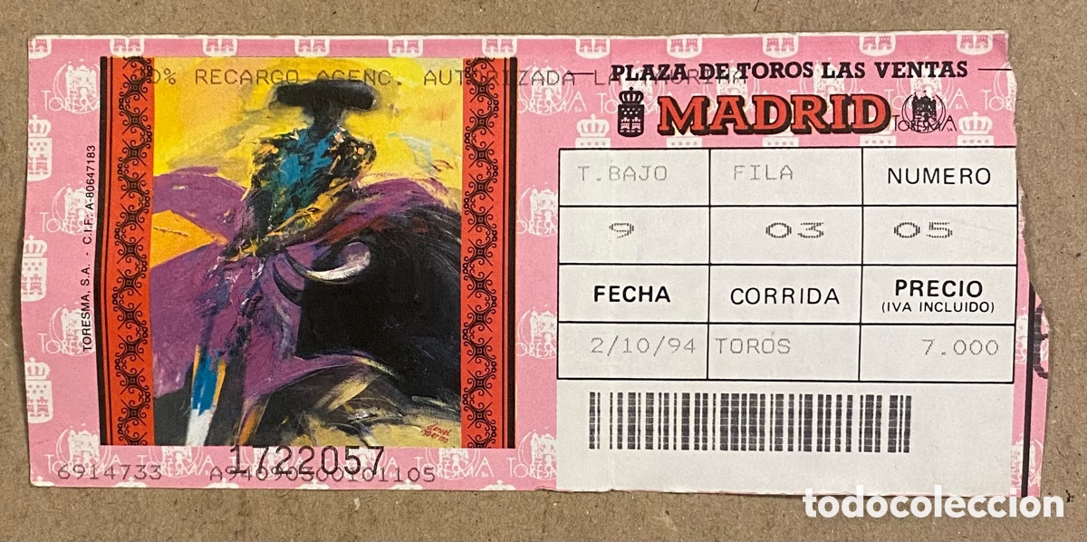 Outros artigos de papel: ENTRADA FERIA DE MADRID PLAZA DE TOROS DE LAS VENTAS (MADRID) DE 1994. TAUROMAQUIA