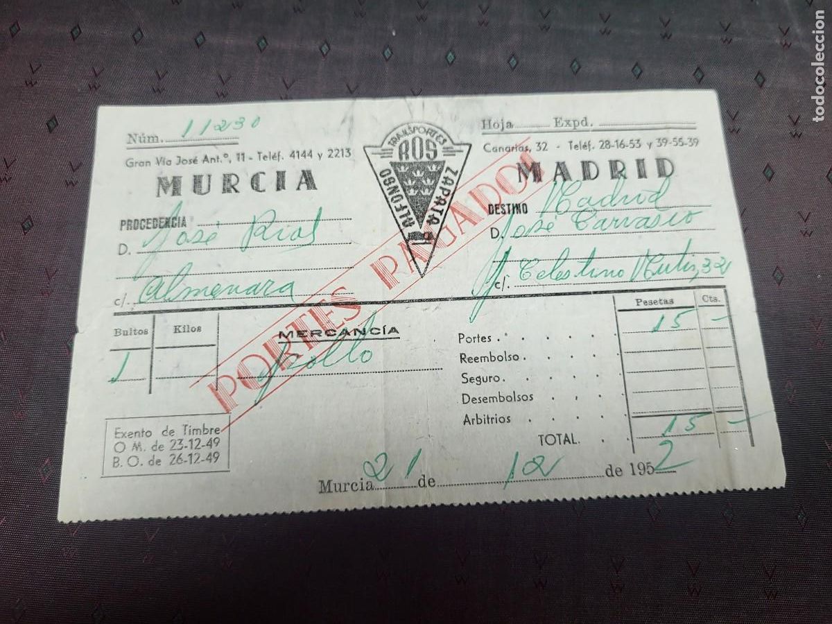 Sammelleidenschaft Andere Papierartikel: TRANSPORTES ROS MURCIA 1952