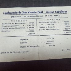 Otros Artículos de Coleccionismo en Papel: CONFERENCIA SAN VICENTE DE PAUL TOTANA MURCIA 1947. Lote 402448699