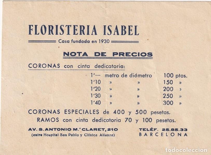 Otros Art&iacute;culos de Coleccionismo en Papel: Florister&iacute;a Isabel - Nota de precios / Coronas con cinta dedicatoria - Coronas especiales - Ramos ..