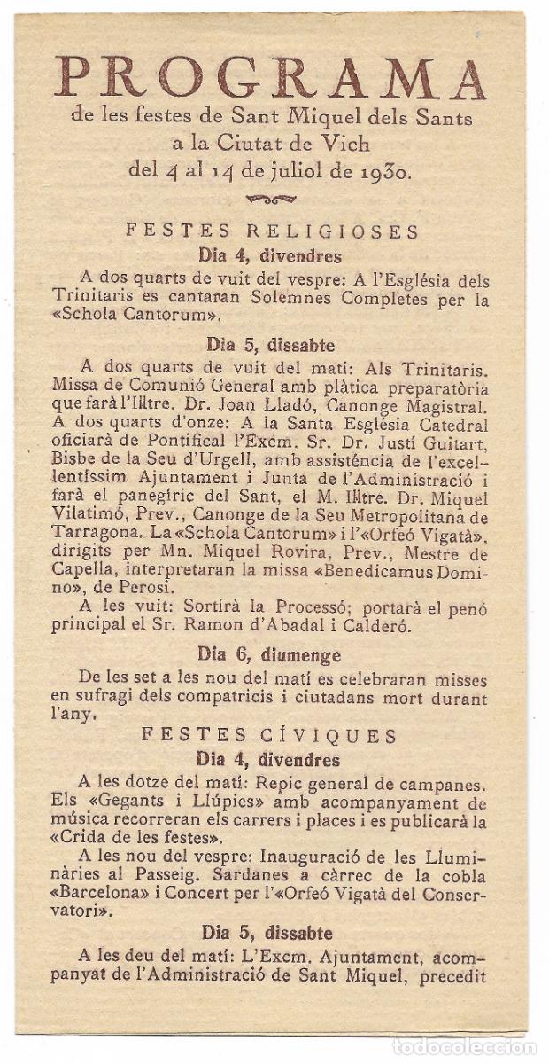 Otros Art&iacute;culos de Coleccionismo en Papel: PROGRAMA DE LES FESTES DE SANT MIQUEL DELS SANTS A LA CIUTAT DE VJCH 1930