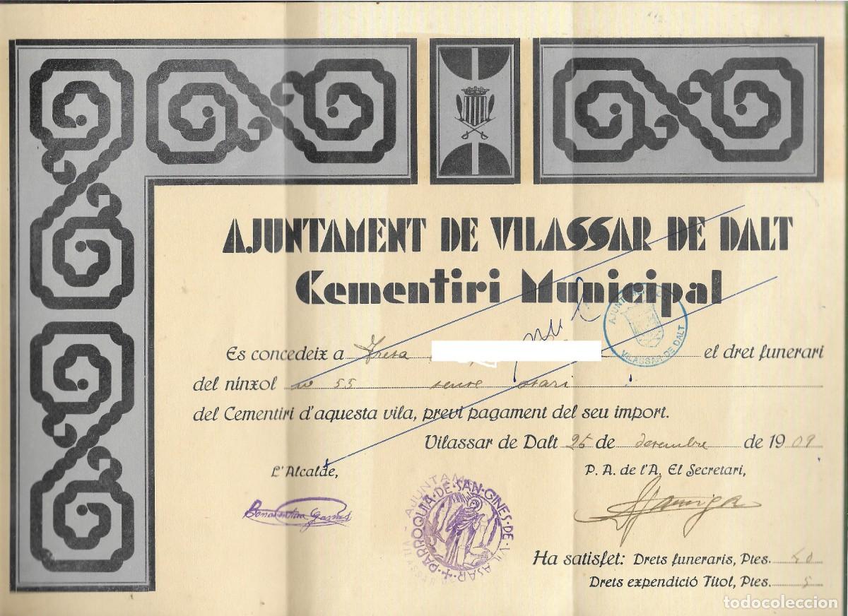 Otros Art&iacute;culos de Coleccionismo en Papel: SANT GENIS DE VILASSAR **TITUL CEMENTERI PARROQUIAL *1909* (NULO)