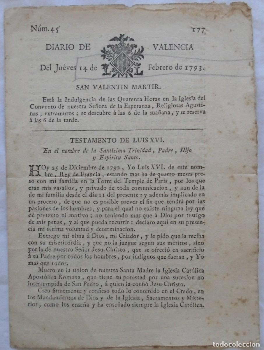 Otros Art&iacute;culos de Coleccionismo en Papel: Diario de Valencia 1793. TESTAMENTO DE LUIS XVI