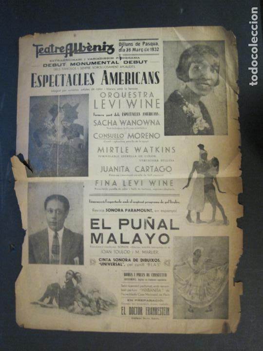 Collectionnisme Papier divers: GIRONA-TEATRE ALBENIZ-ANY 1932-ESPECTACLES AMERICANS-CINE-PU&Ntilde;AL MALAYO-PROGRAMA ANTIGUO-(V-24.245)