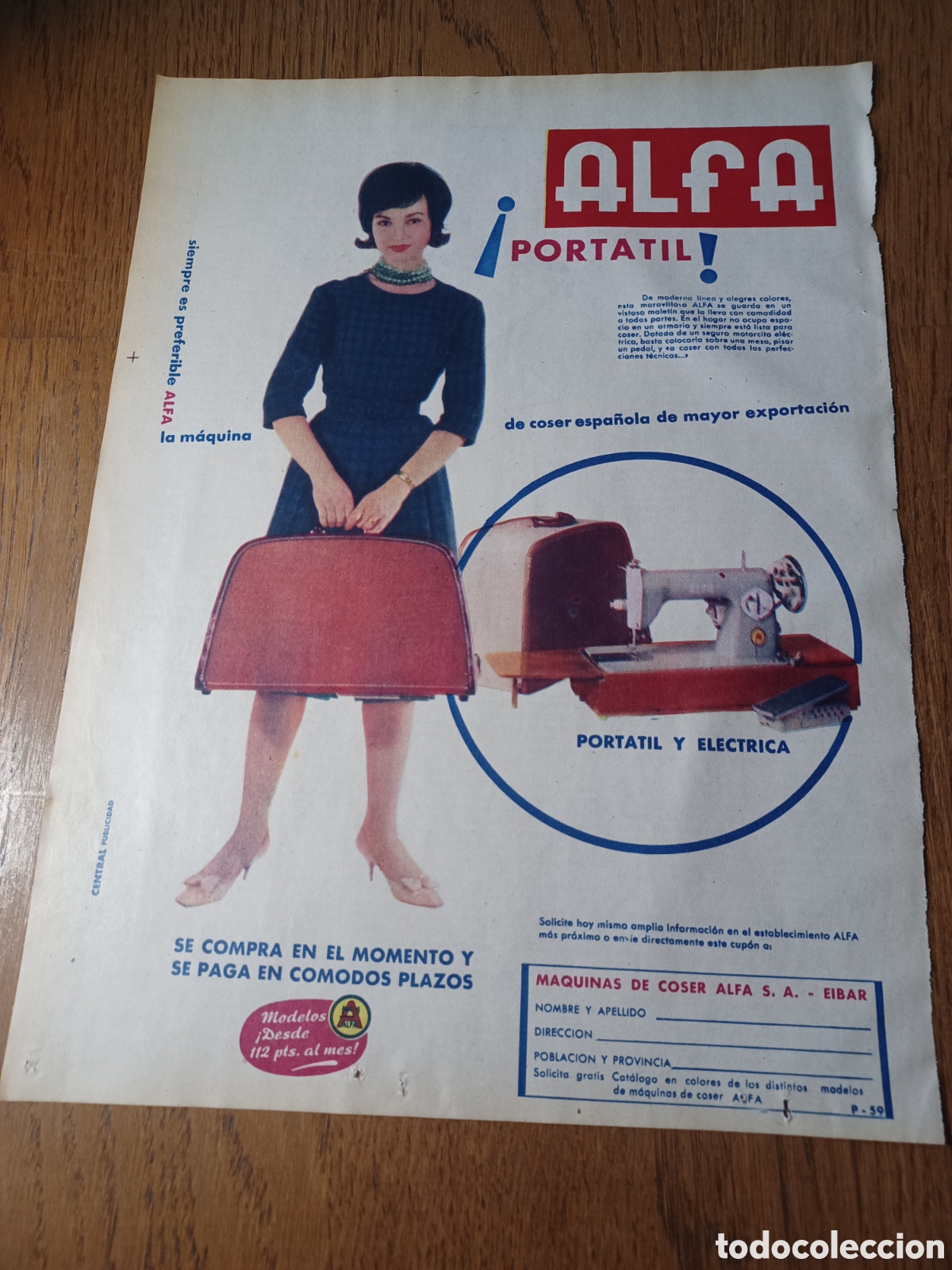 Sammelleidenschaft Andere Papierartikel: PUBLICIDAD MAQUINA DE COSER PORTATIL ALFA. A&Ntilde;O 1961. 33 X 23 CM